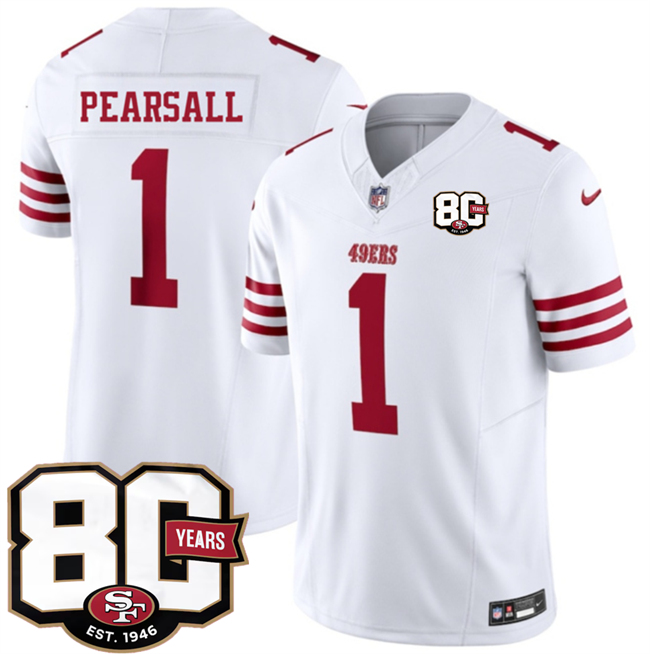 Men's White San Francisco 49ers #1 Ricky Pearsall 80th Anniversary Patch 2026 F.U.S.E. Vapor Untouchabl2026 F.U.S.E. Vapor Untouchable Limited Stitched Football Jersey